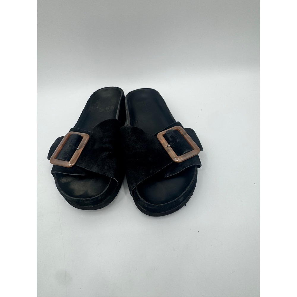 Vince Slide Sandals Women 9 Black Suede Oversized Tortoise Buckle Platform